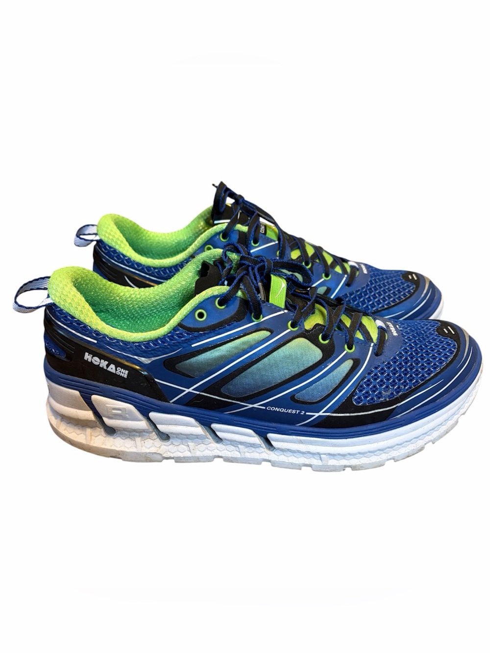 Hoka One One Conquest 2 Blue Running Shoes with Neon Green Accents